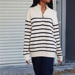 John Galt White & Navy Striped Quarter Zip Sweater